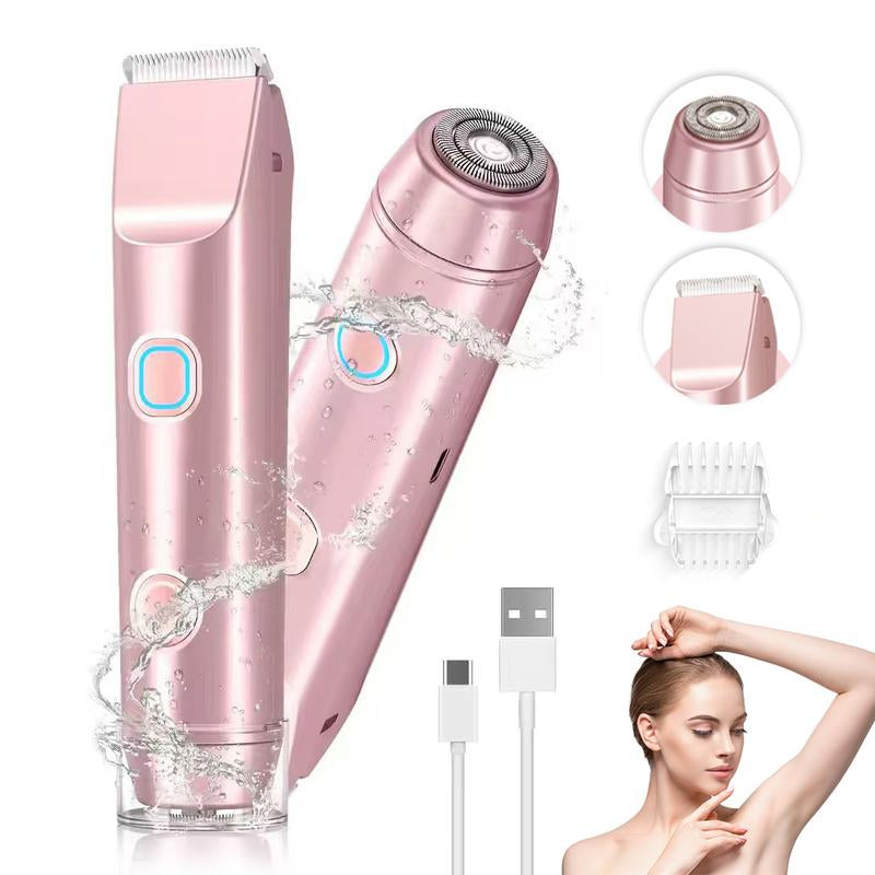 Bikini Trimmer for Women, Electric Shaver and Razor Rechargeable 2-In-1 Body and Facial Epilator, Dual Heads for Painless Trimming of Pubic Hair, Face, Underarms and Legs, IPX7 Waterproof. Christmas Gift New Year Gift Shaving Grooming